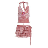 Velvet Solid Casual Two - Piece Set Sexy Backless Halter Top with 3D Flower Tiered Mini Skirt Eco - Friendly Y2K Holiday Outfit - Zeprah