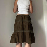 Vintage Brown Beaded Dropped Waist A - Line Woven Tiered Knee - Length Skirt with Lace Trim Factory - Zeprah