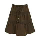 Vintage Brown Beaded Dropped Waist A - Line Woven Tiered Knee - Length Skirt with Lace Trim Factory - Zeprah