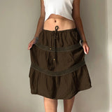 Vintage Brown Beaded Dropped Waist A - Line Woven Tiered Knee - Length Skirt with Lace Trim Factory - Zeprah