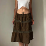 Vintage Brown Beaded Dropped Waist A - Line Woven Tiered Knee - Length Skirt with Lace Trim Factory - Zeprah