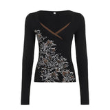 Vintage Digital Printing Plant Print V - Neck Slim Fit Long Sleeve Anti - UV Quick Dry Autumn Knit Contrast Trim Pullover Sweater - Zeprah