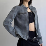 Vintage Distressed Washed Denim Jacket Stand Collar Zip Long Sleeve Windproof Modern Street Casual Autumn Outerwear - Zeprah
