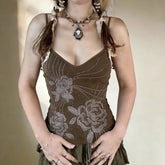 Vintage Floral Rhinestone Knitted Eco - Friendly Stretchy Slim - Fit Cami Top - Zeprah