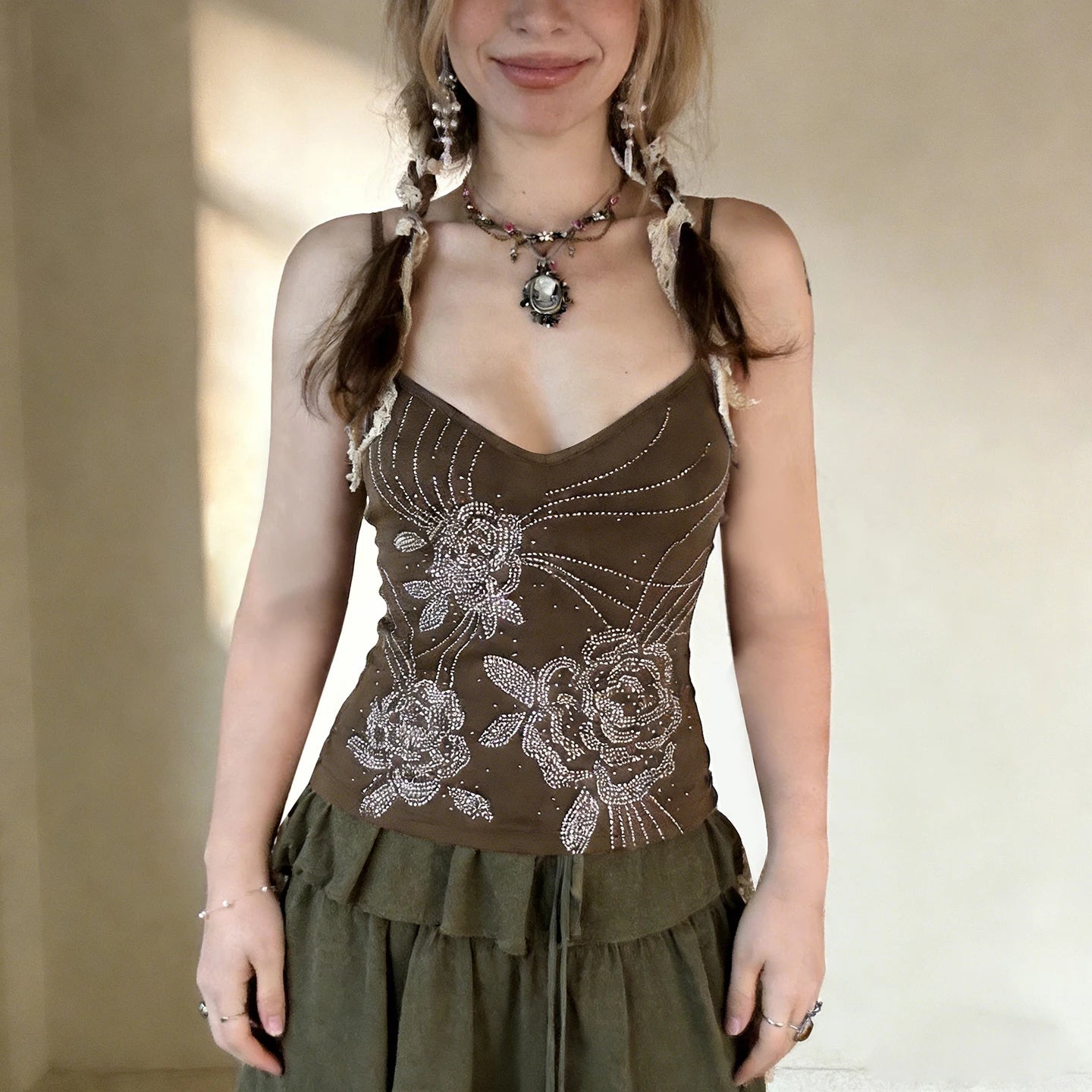 Vintage Floral Rhinestone Knitted Eco - Friendly Stretchy Slim - Fit Cami Top - Zeprah