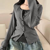 Vintage Knitted Stripe Print Cutout Top Women's T-shirt | Korean New Style Button Front Slim Fit Full Sleeve False Breathable - Zeprah