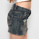 Vintage Trendy Denim Mini Skirt for Women Patchwork Cargo Design Sexy Raw Hem Hot Clubwear & Daily Casual - Zeprah
