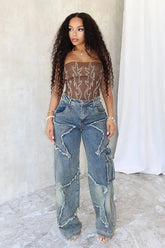 Vintage Women Straight Denim Pants Slight Stretchy Pockets Wide Leg Trousers High Waist Loose Lady Long Jeans - Zeprah