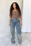 Vintage Women Straight Denim Pants Slight Stretchy Pockets Wide Leg Trousers High Waist Loose Lady Long Jeans - Zeprah