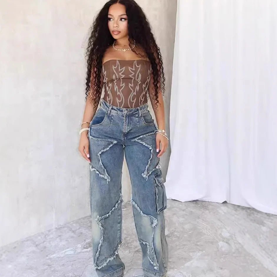 Vintage Women Straight Denim Pants Slight Stretchy Pockets Wide Leg Trousers High Waist Loose Lady Long Jeans - Zeprah