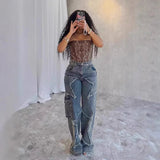 Vintage Women Straight Denim Pants Slight Stretchy Pockets Wide Leg Trousers High Waist Loose Lady Long Jeans - Zeprah