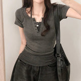 Vintage Y2K Grey Knitted Two Piece Set for Women Sexy Button V - Neck Crop Top Skirt College Student Outfit - Zeprah