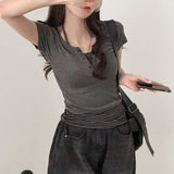 Vintage Y2K Grey Knitted Two Piece Set for Women Sexy Button V - Neck Crop Top Skirt College Student Outfit - Zeprah