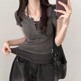 Vintage Y2K Grey Knitted Two Piece Set for Women Sexy Button V - Neck Crop Top Skirt College Student Outfit - Zeprah