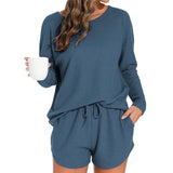 Waffle Knit Women's Pajama Set with Long - Sleeved Top and Shorts Elastic Waist Solid Pattern Front Logo - Casual Loungewear - Zeprah