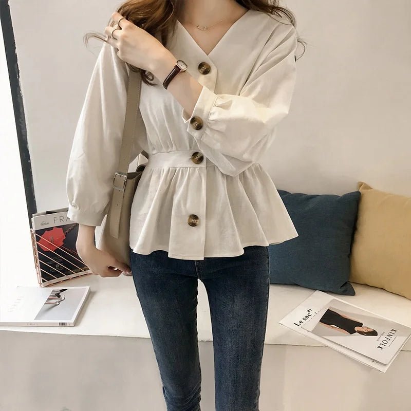 Waist - Cinching Shirt Plain Hot - selling Blouse Gentle Long - Sleeved Shirt - Zeprah