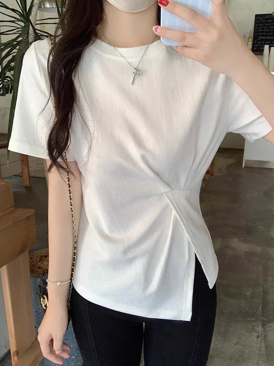 waist - cinching women's t-shirts Casual irregular ruched women's clothing slim - fit Going Out Tops - Zeprah