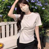 waist - cinching women's t-shirts Casual irregular ruched women's clothing slim - fit Going Out Tops - Zeprah