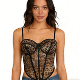 Wearable Push up Corset Bra & Bustier Top - Breathable Summer Leopard Print Mesh Lace with Garter Straps Full Cup - Zeprah