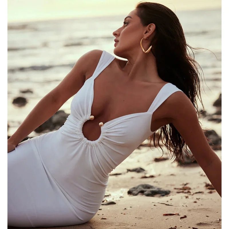 White Backless Maxi Dress V - Neck Sleeveless Bodycon Summer Long Dresses Women Elegant Beach Party Dress - Zeprah
