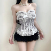 White Floral Lace Breathable Tank Tops Short Corset Top Bow Fashion Sexy Bodycon Bustier Waist Shaping - Zeprah