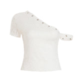 White Lace Hollow Floral Pattern Asymmetric Top Slash Neck Women's Slim Fit Short Sleeve Breathable Casual Shirt for Daily Wear - Zeprah
