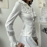 White Ruffle Blouse Shirt for Women, Stand Collar Long Sleeve Button - Down Cardigan for Office Work and Casual Wear - Zeprah