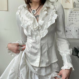 White Ruffle Blouse Shirt for Women, Stand Collar Long Sleeve Button - Down Cardigan for Office Work and Casual Wear - Zeprah