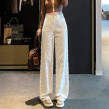 White Women's Jeans Narrow Straight Long Pants Spring Woven Wide Leg Pants High Waist Loose Casual Pants - Zeprah