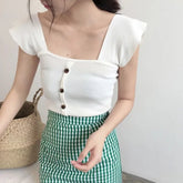 Wholesale Sexy Square Collar Women's Button Knit Vest Solid Color Sleeveless Slim Tops Knitwear Vest - Zeprah