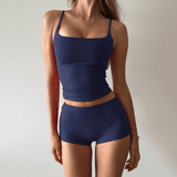 Wholesale Women's Street Style 2 Piece Set , Casual Sports Crop Top and Shorts Set , Solid Color Sleeveless Skinny Fit Summer Knit - Zeprah