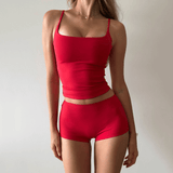 Wholesale Women's Street Style 2 Piece Set , Casual Sports Crop Top and Shorts Set , Solid Color Sleeveless Skinny Fit Summer Knit - Zeprah