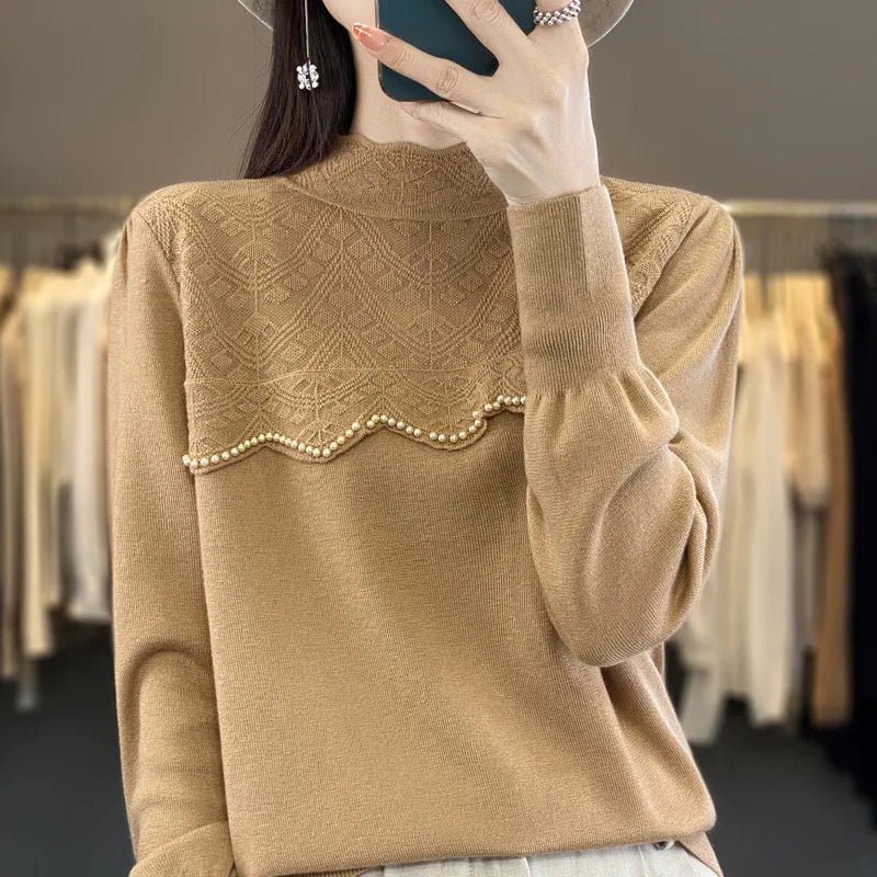 Winter New Vintage Half - Turtleneck Lace Base Shirt Women Fashion Pullover Sweater Anti - Pilling Korean Style Knitted Top - Zeprah