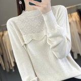 Winter New Vintage Half - Turtleneck Lace Base Shirt Women Fashion Pullover Sweater Anti - Pilling Korean Style Knitted Top - Zeprah