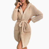 Winter Women's Casual Flannel Bathrobe Thickened Hooded Tie Sleepwear - Zeprah
