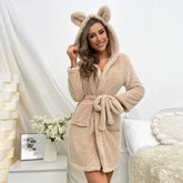 Winter Women's Casual Flannel Bathrobe Thickened Hooded Tie Sleepwear - Zeprah