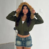 Winter Women's Casual Woven Eco - Friendly Polyester Faux Fur Hooded Windproof Zip - Up Warm Coat - Zeprah