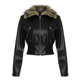 Winter Womens Short Biker Jacket Distressed Faux Leather Woven Windproof with Plush Lined Collar - Zeprah