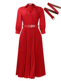 With Belt Women Elegant Pleated Maxi Dress Office Turn Down Collar Long Sleeve Belted Dress Lady Plus Size A - line Dresses - Zeprah