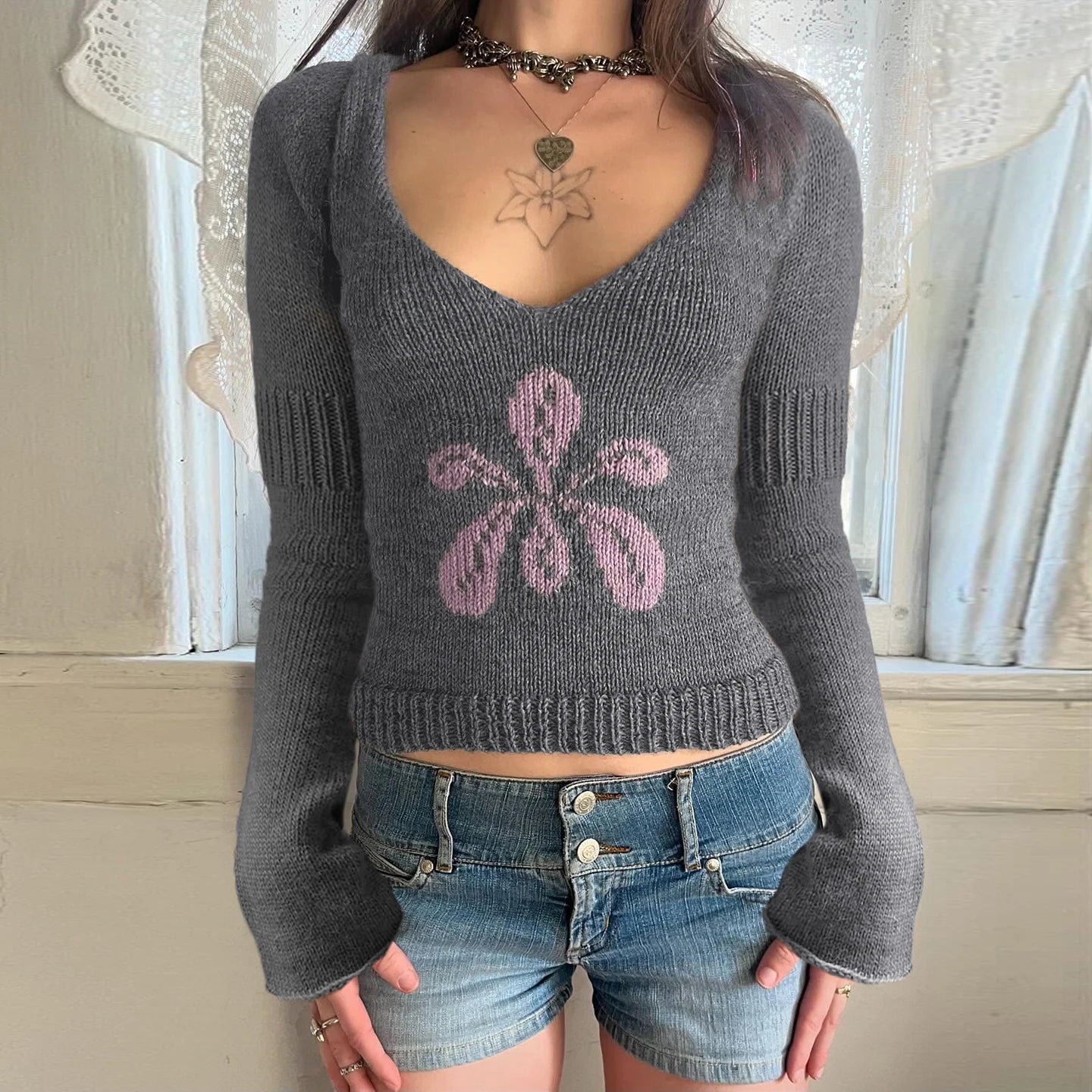 Women Breathable Viscose/Polyester Crocheted Sweater New Winter Slim Fit V Neck Floral Print Long Sleeve Casual Commuting - Zeprah