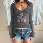 Women Breathable Viscose/Polyester Crocheted Sweater New Winter Slim Fit V Neck Floral Print Long Sleeve Casual Commuting - Zeprah