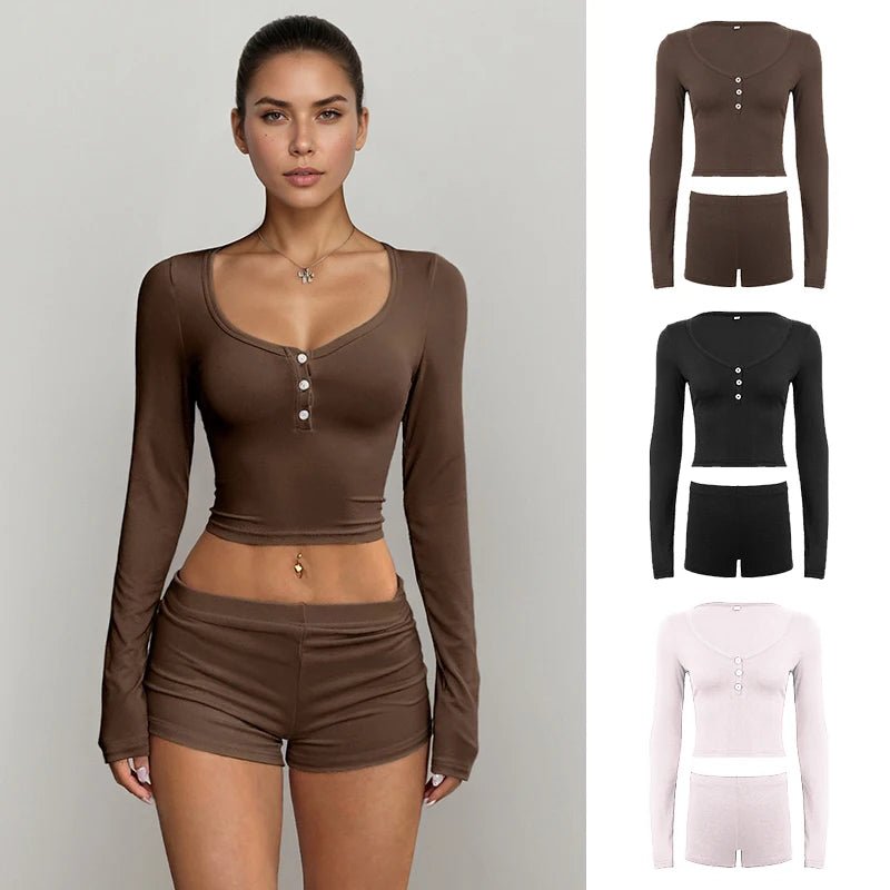 Women Casual 2 Piece Knitting Knee Loungewear Set Stretchy Skinny Fit Long Sleeve Top Shorts Solid Color Spring/Summer Button - Zeprah