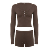 Women Casual 2 Piece Knitting Knee Loungewear Set Stretchy Skinny Fit Long Sleeve Top Shorts Solid Color Spring/Summer Button - Zeprah