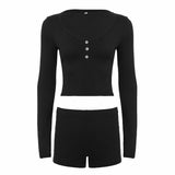 Women Casual 2 Piece Knitting Knee Loungewear Set Stretchy Skinny Fit Long Sleeve Top Shorts Solid Color Spring/Summer Button - Zeprah