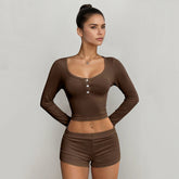 Women Casual 2 Piece Knitting Knee Loungewear Set Stretchy Skinny Fit Long Sleeve Top Shorts Solid Color Spring/Summer Button - Zeprah
