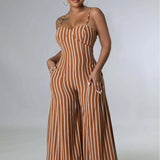 Women Casual Striped Wide - Leg Jumpsuits Sleeveless Solid Color Jumpsuit High - waisted Long Pants - Zeprah