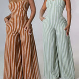 Women Casual Striped Wide - Leg Jumpsuits Sleeveless Solid Color Jumpsuit High - waisted Long Pants - Zeprah