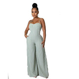 Women Casual Striped Wide - Leg Jumpsuits Sleeveless Solid Color Jumpsuit High - waisted Long Pants - Zeprah