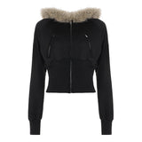 Women Casual Warm Faux Fur Trim Hooded Windproof Short Slim Fit Sweatshirt Jacket Cinched Waist Solid Color Fall Winter Zip - Zeprah