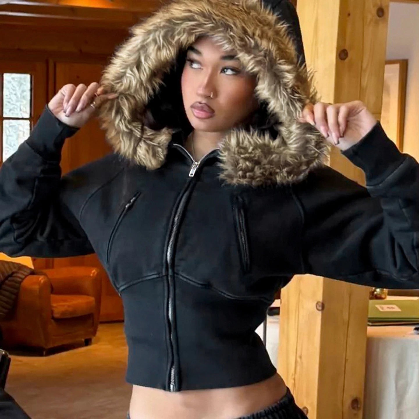 Women Casual Warm Faux Fur Trim Hooded Windproof Short Slim Fit Sweatshirt Jacket Cinched Waist Solid Color Fall Winter Zip - Zeprah